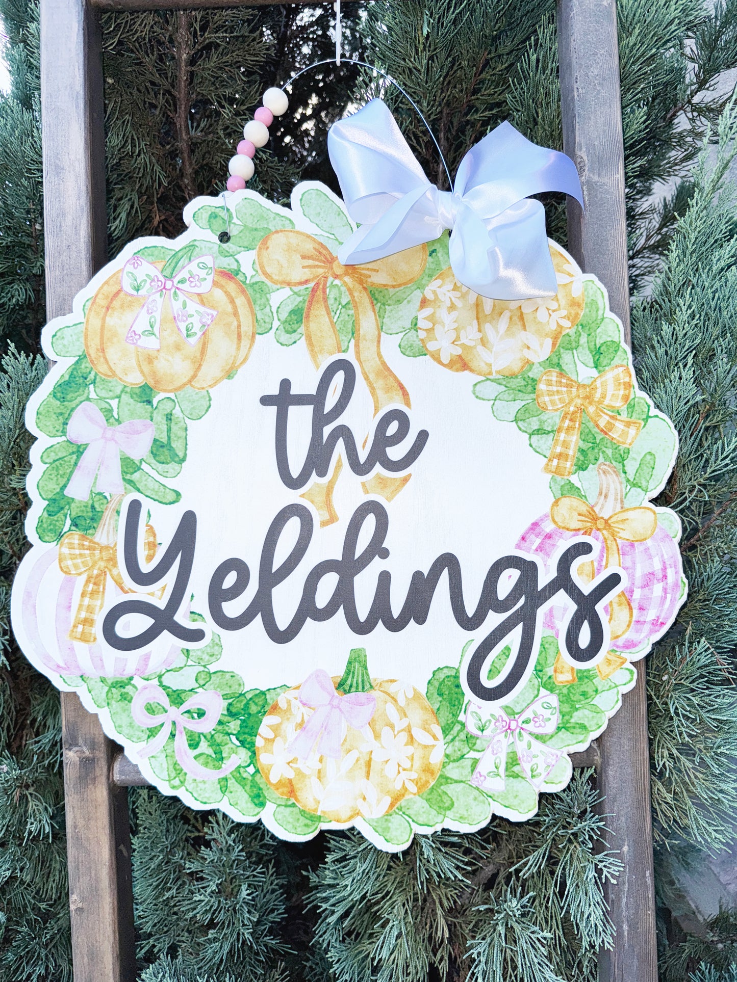 Personalized Pink Orange Pumpkins Bows Fall Door Hanger | Personalized Grandmillenial Door Hanger | Fall Porch Decor