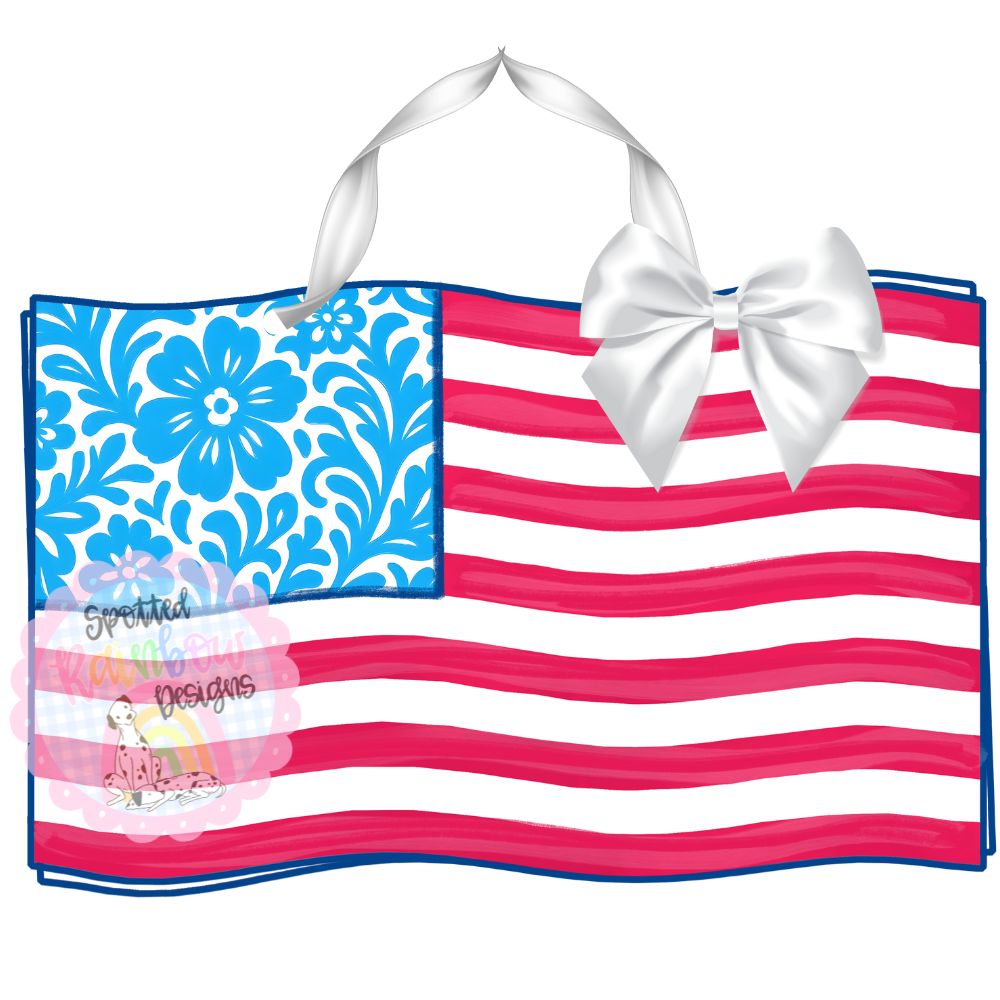 Patriotic Chinoiserie Flag Door Hanger | Red, White & Blue Flag with Bow | 4th of July Decor | Summer Porch Sign