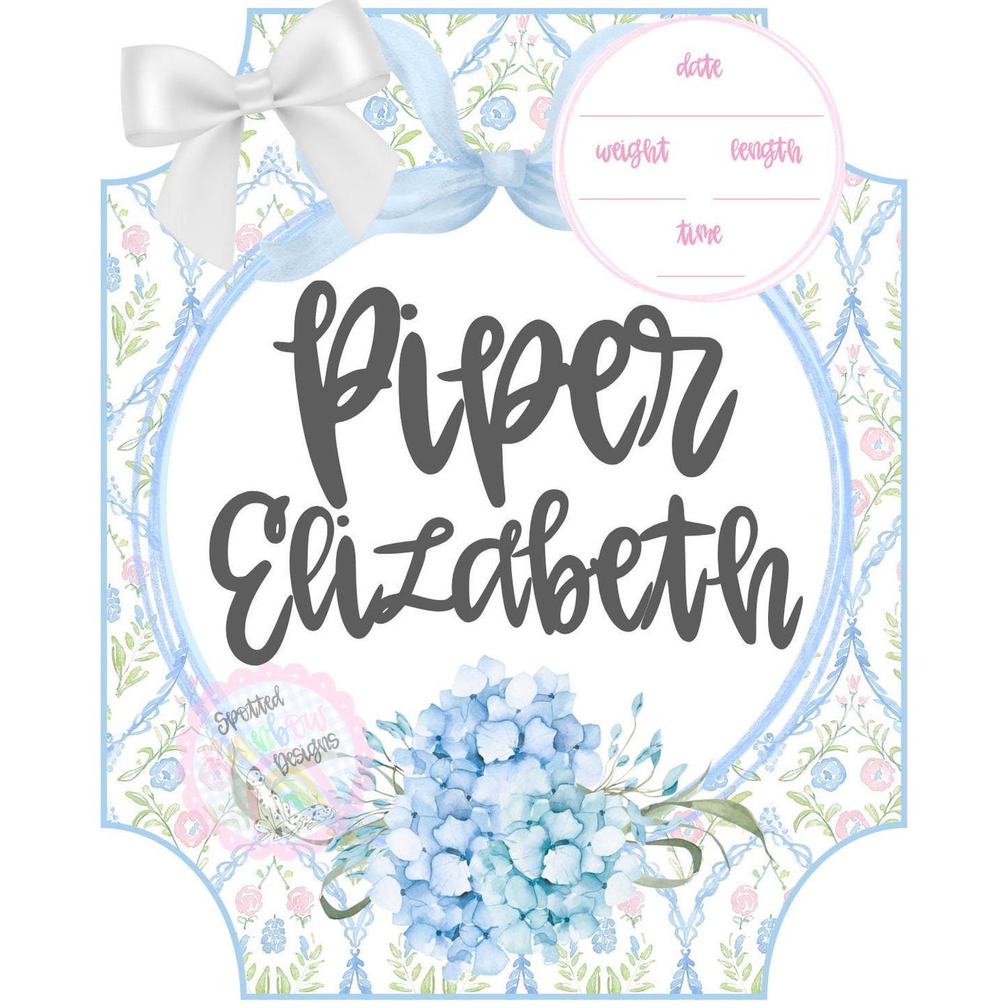 Piper Hydrangea Floral Coquette Grandmillennial Pink and Blue Preppy New Baby Girl Personalized Shower Gift Hospital Nursery Door Hanger
