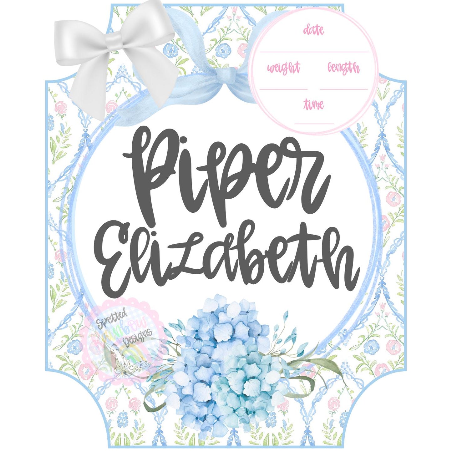 Piper Hydrangea Floral Coquette Grandmillennial Pink and Blue Preppy New Baby Girl Personalized Shower Gift Hospital Nursery Door Hanger