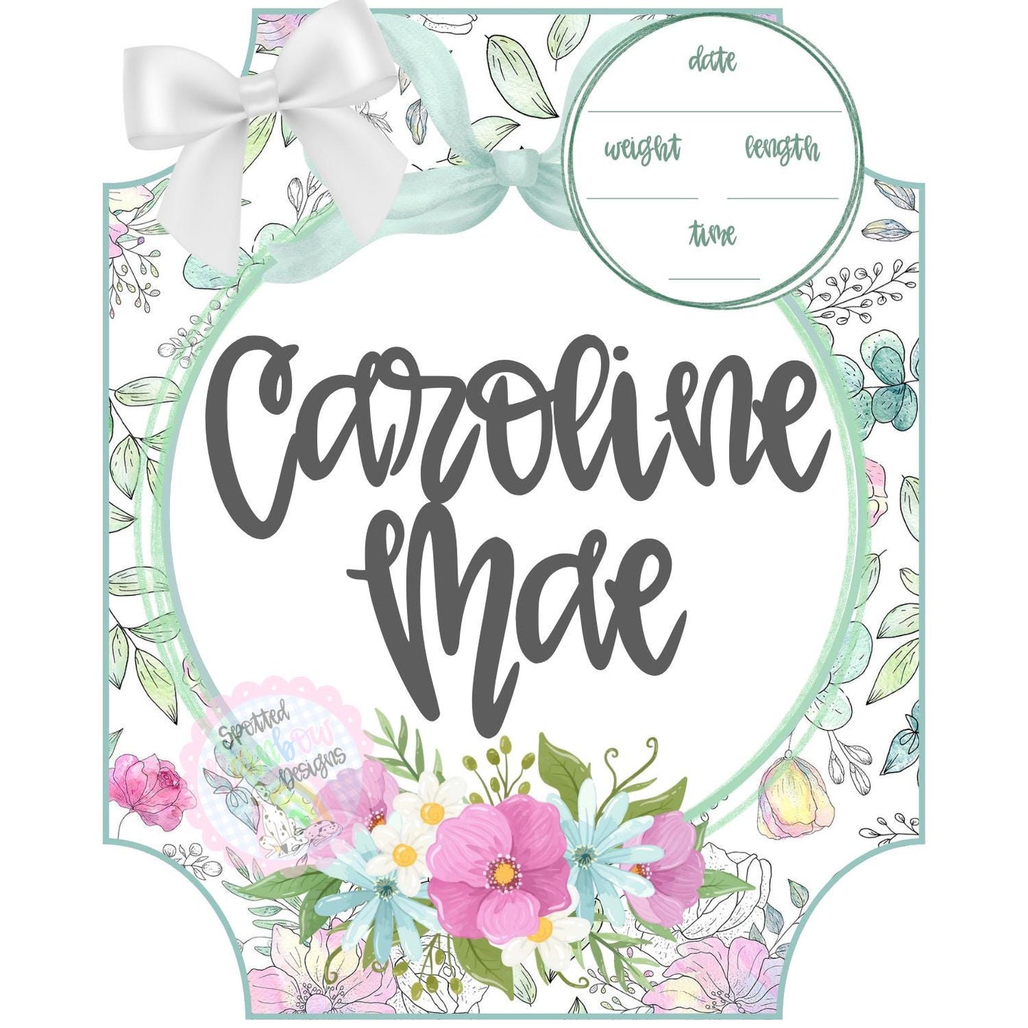Caroline Green and Pink Floral New Baby Girl Coquette Personalized Welcome Baby Shower Gift Hospital Nursery Door Hanger