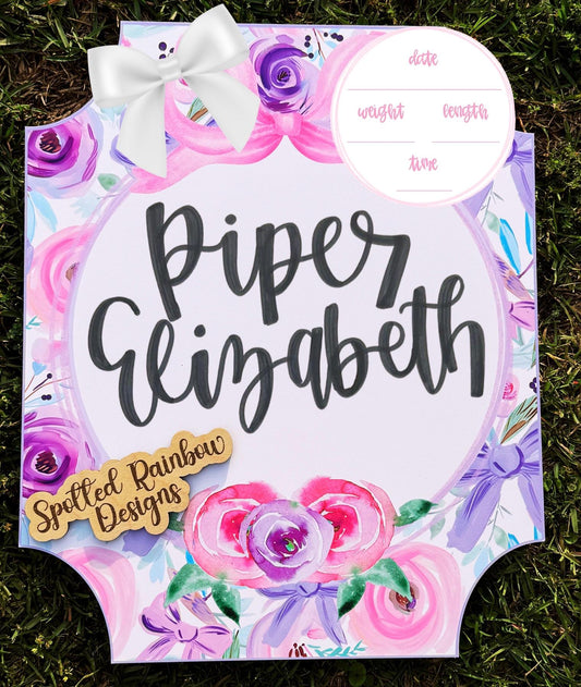 Audrey Floral Pink and Lavender Purple Preppy New Baby Girl Personalized Welcome Baby Shower Gift Hospital Nursery Door Hanger
