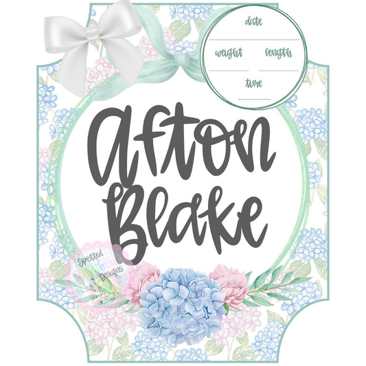 Afton Floral Pink and Blue Hydrangea Preppy New Baby Girl Personalized Welcome Baby Shower Gift Hospital Nursery Door Hanger