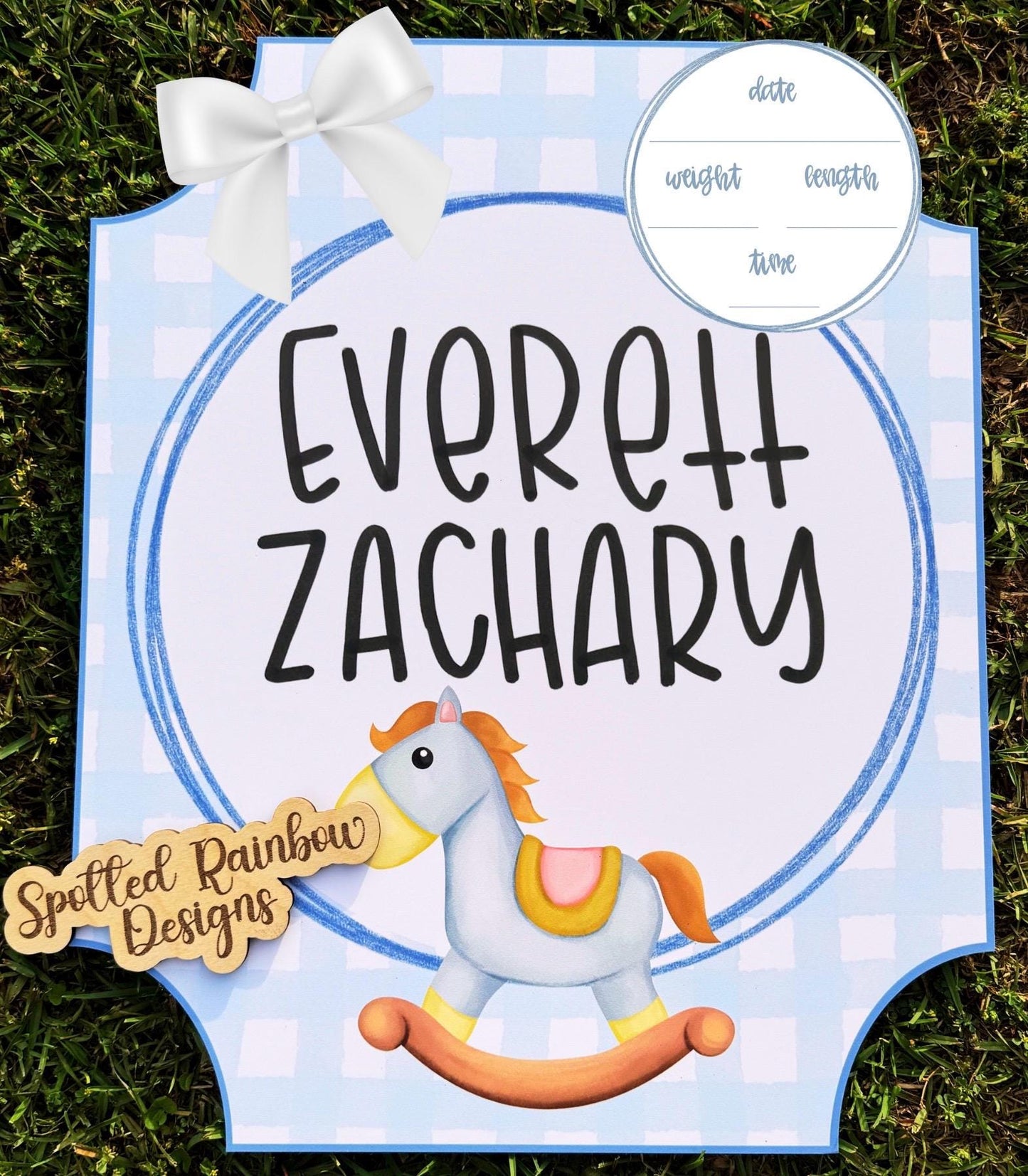 Rocking Horse Gingham New Baby Boy Personalized Welcome Baby Shower Gift Hospital Door Hanger