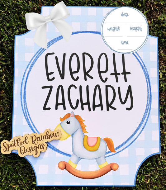 Rocking Horse Gingham New Baby Boy Personalized Welcome Baby Shower Gift Hospital Door Hanger