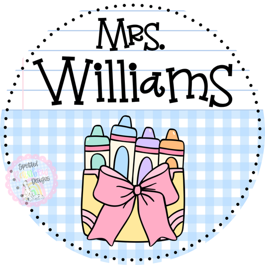 Personalized Teacher Door Hanger Crayon Box | Back to School Classroom Decor | Custom Teacher Sign | Blue Gingham | Grandmillennial Preppy