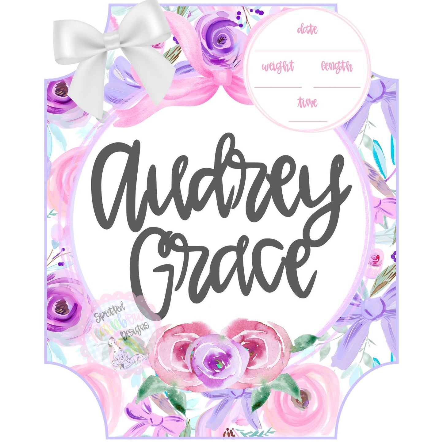 Audrey Floral Pink and Lavender Purple Preppy New Baby Girl Personalized Welcome Baby Shower Gift Hospital Nursery Door Hanger