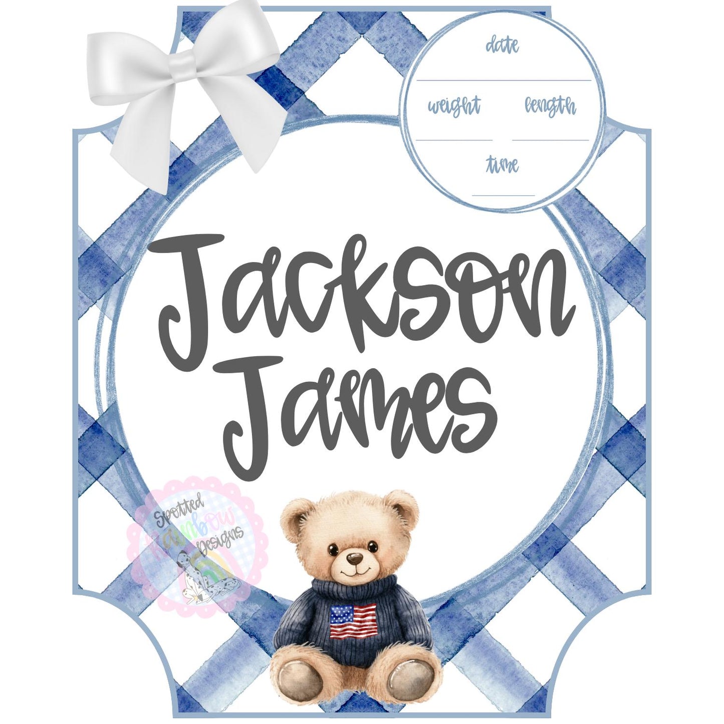 Preppy Teddy Bear New Baby Boy Personalized Welcome Baby Shower Gift Hospital Door Hanger