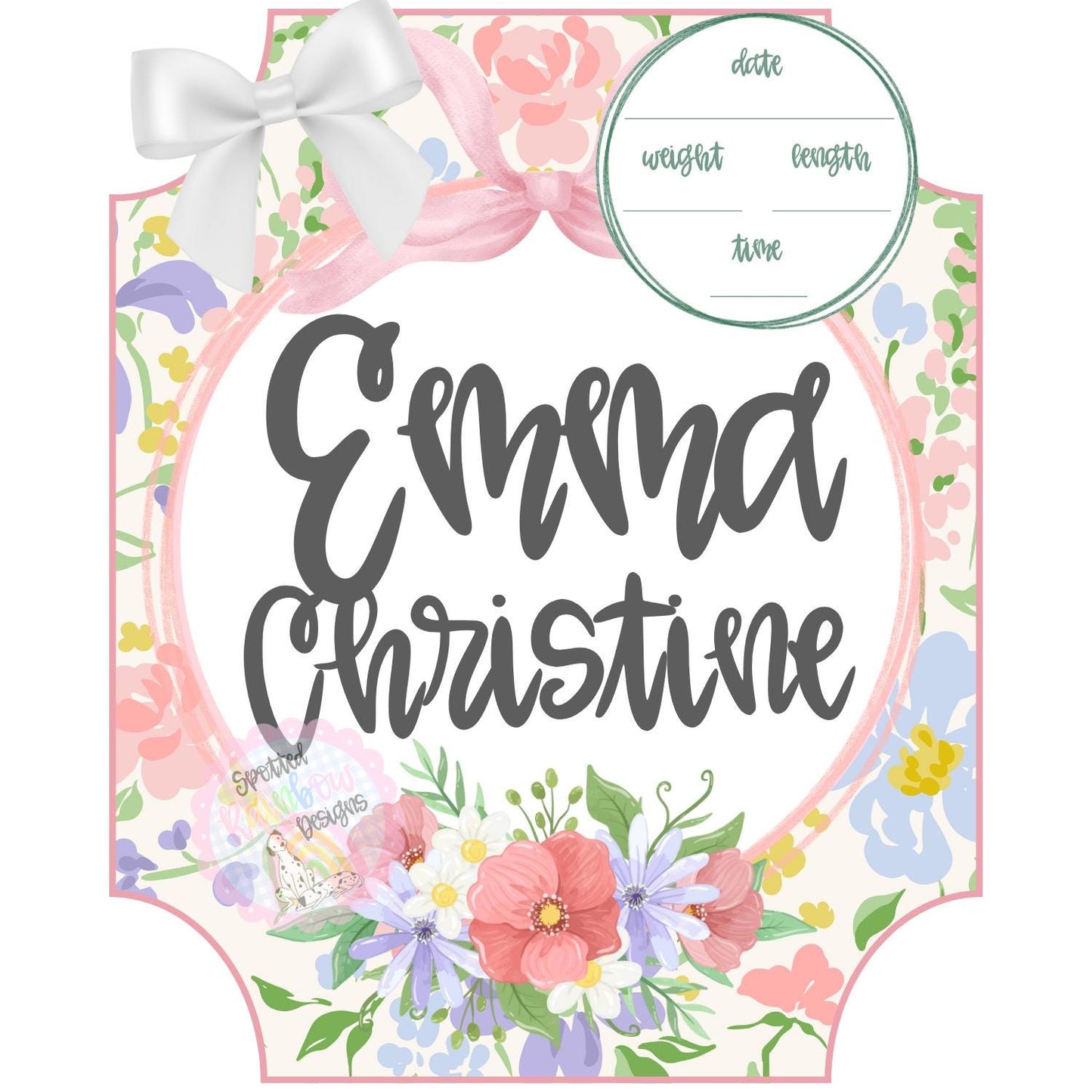 Emma Wildflowers Floral Pink and Blue Coquette Preppy New Baby Girl Personalized Welcome Baby Shower Gift Hospital Door Hanger
