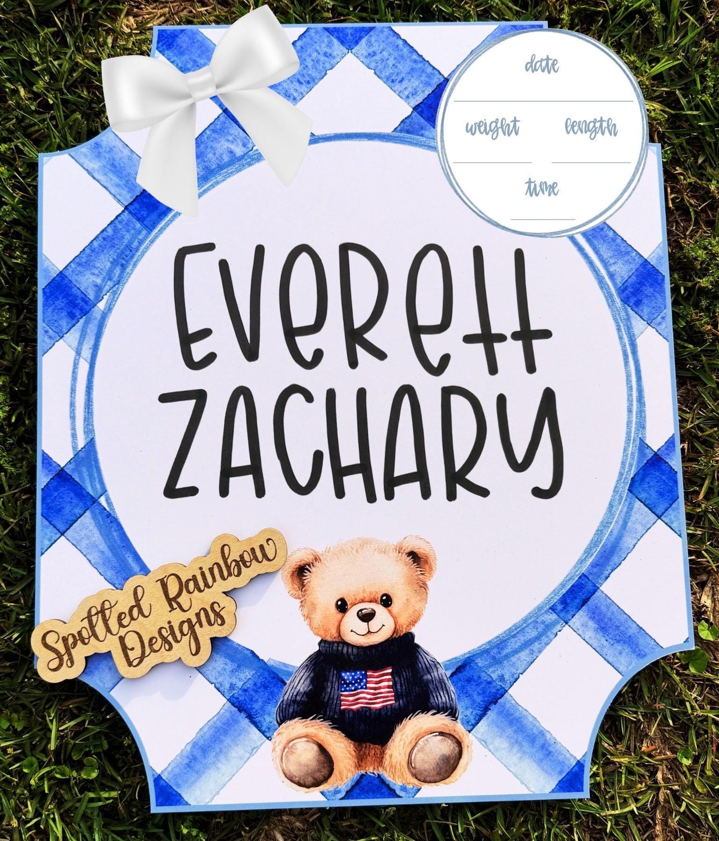 Preppy Teddy Bear New Baby Boy Personalized Welcome Baby Shower Gift Hospital Door Hanger