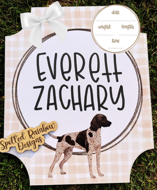 Pointer Hunting Dog Gingham New Baby Boy Personalized Welcome Baby Shower Gift Hospital Door Hanger