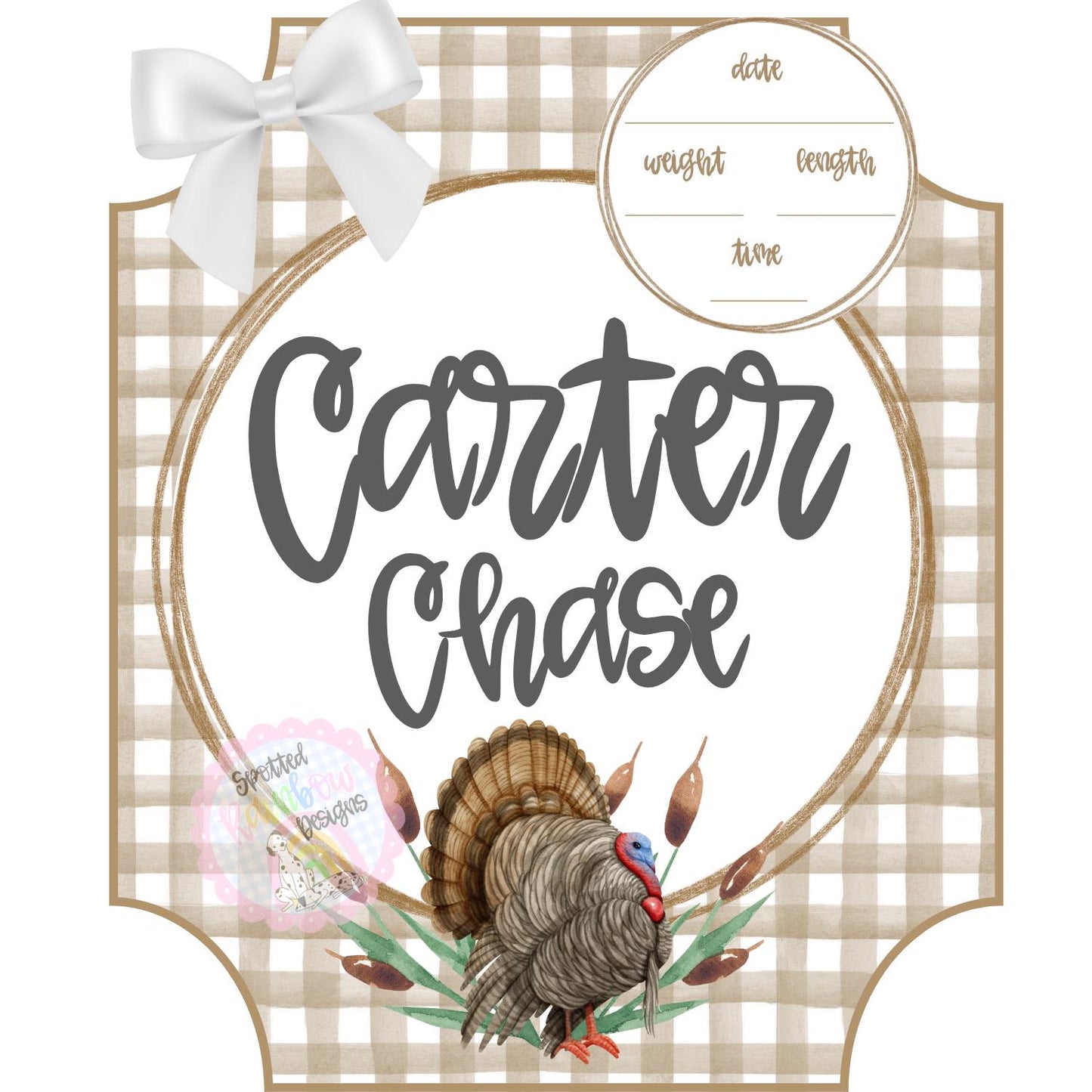 Wild Turkey Gingham New Baby Boy Personalized Welcome Baby Shower Gift Hospital Door Hanger