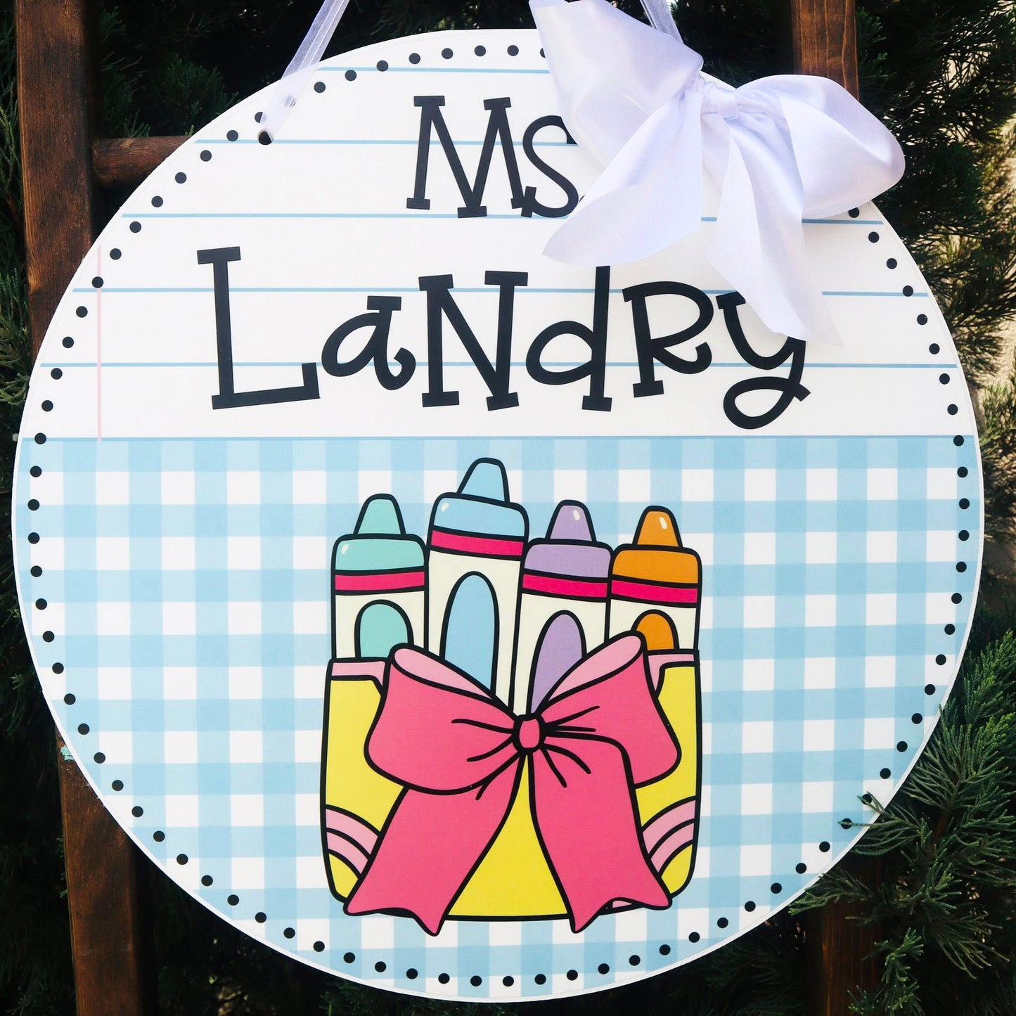 Personalized Teacher Door Hanger Crayon Box | Back to School Classroom Decor | Custom Teacher Sign | Blue Gingham | Grandmillennial Preppy