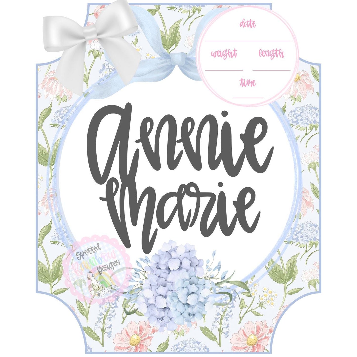 Annie Floral Hydrangea Coquette Pink Blue Green Preppy New Baby Girl Personalized Welcome Baby Shower Gift Hospital Nursery Door Hanger