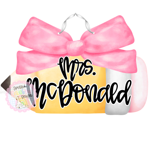 Personalized Pencil Door Hanger Coquette Bow | Custom Teacher Name Sign | Back to School Gift | Grandmillennial Preppy Teacher
