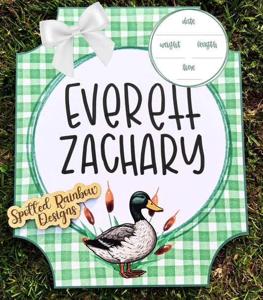 Mallard Duck Gingham New Baby Boy Personalized Welcome Baby Shower Gift Hospital Door Hanger
