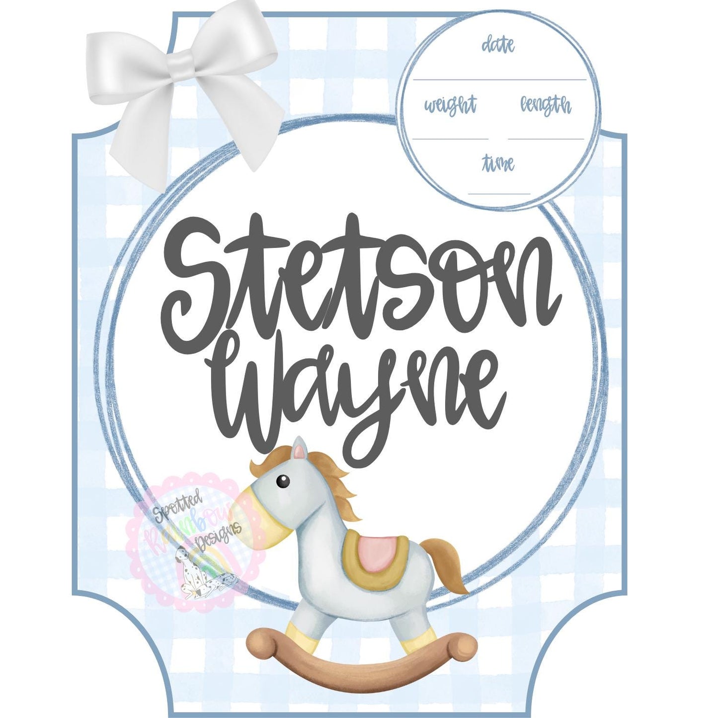 Rocking Horse Gingham New Baby Boy Personalized Welcome Baby Shower Gift Hospital Door Hanger