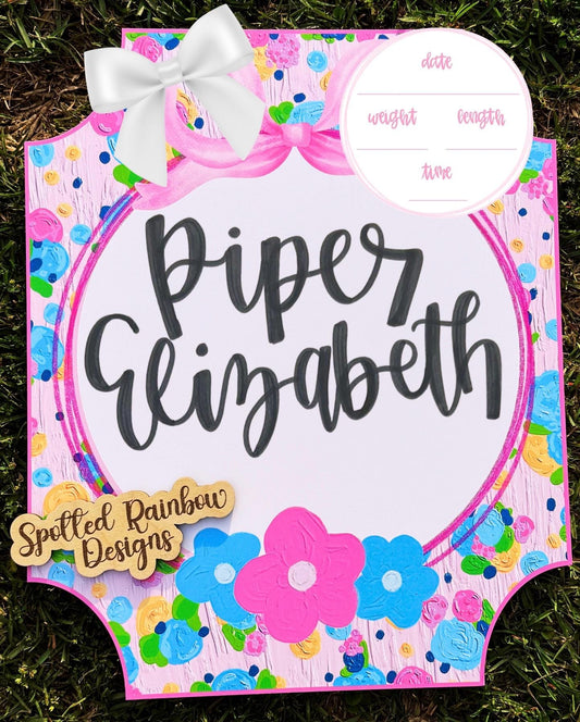 Mary Floral Pink and Blue Preppy Coquette New Baby Girl Personalized Welcome Baby Shower Gift Hospital Nursery Door Hanger