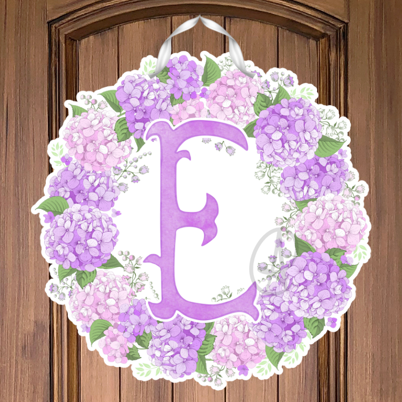 Initial Lavender Hydrangea Wreath Door Hanger