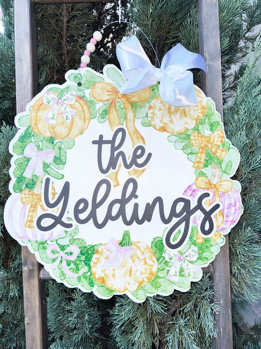 Personalized Pink Orange Pumpkins Bows Fall Door Hanger | Personalized Grandmillenial Door Hanger | Fall Porch Decor