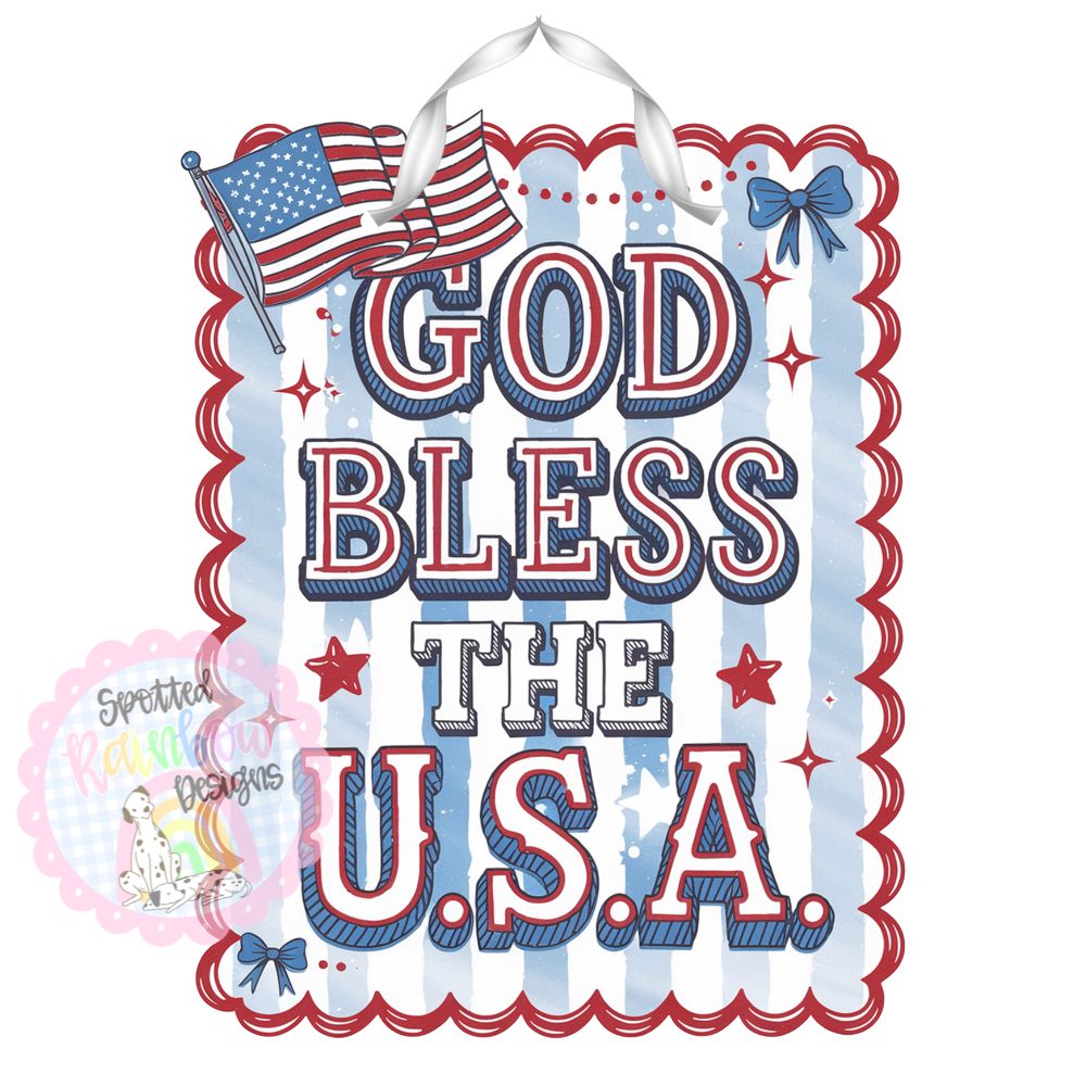 God Bless the USA Patriotic Bow American Flag Door Hanger | Red, White & Blue Flag Door Sign | 4th of July Decor | Summer Porch Sign