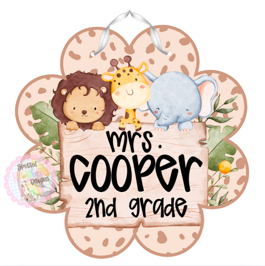 Safari Animal Teacher Door Hanger | Personalized Classroom Sign with Name & Grade | Jungle Theme Teacher Decor | Cute Back to School Gift