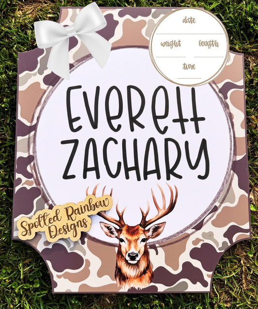 Camo Deer Hunting New Baby Boy Personalized Welcome Baby Shower Gift Hospital Door Hanger