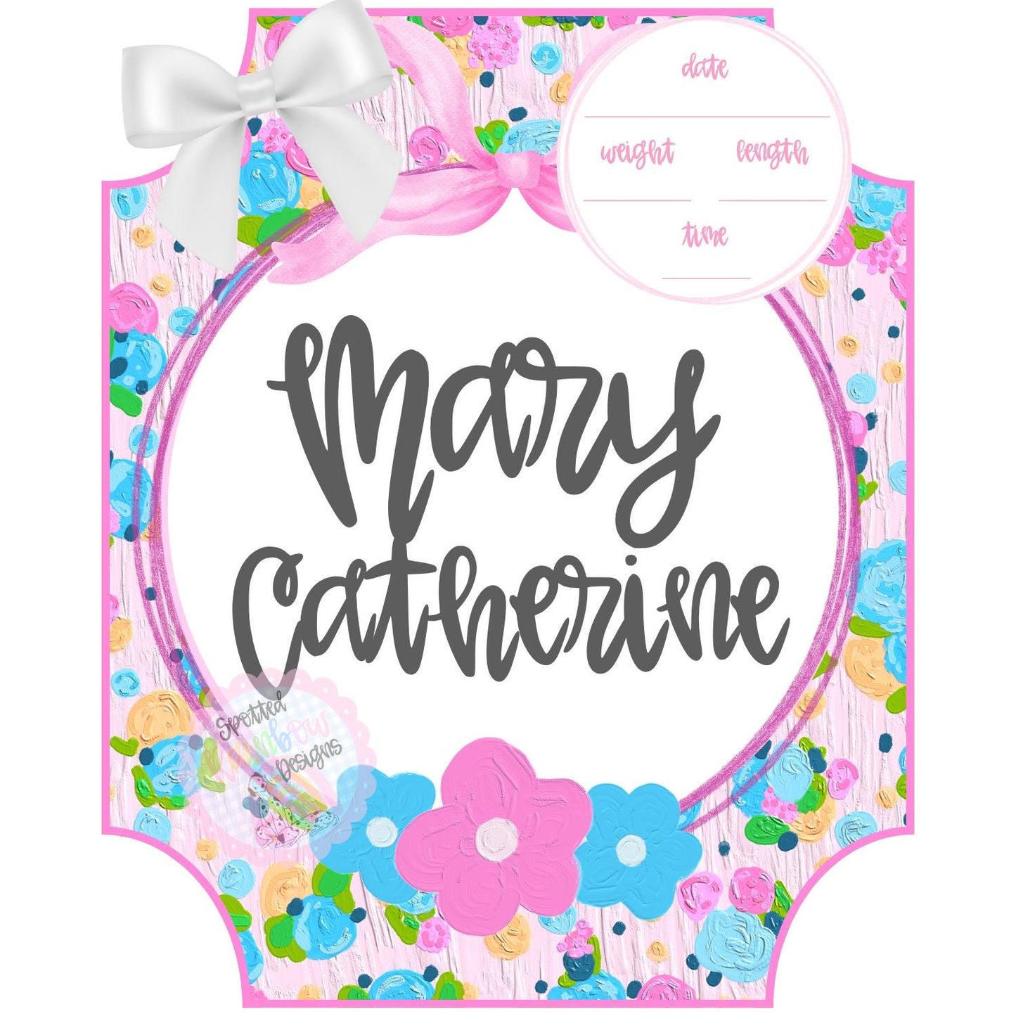 Mary Floral Pink and Blue Preppy Coquette New Baby Girl Personalized Welcome Baby Shower Gift Hospital Nursery Door Hanger