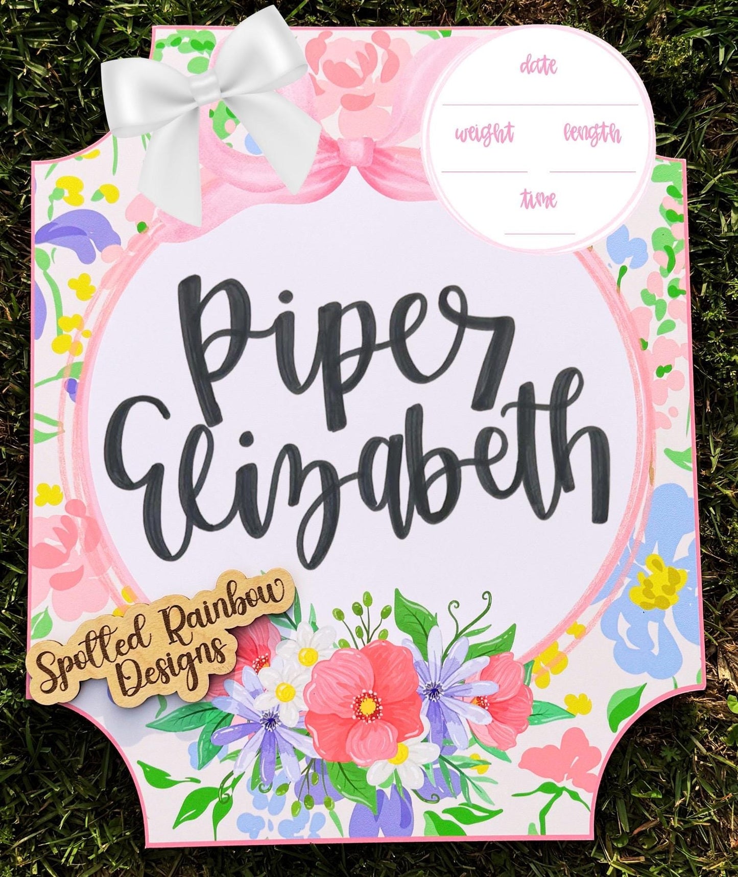 Emma Wildflowers Floral Pink and Blue Coquette Preppy New Baby Girl Personalized Welcome Baby Shower Gift Hospital Door Hanger