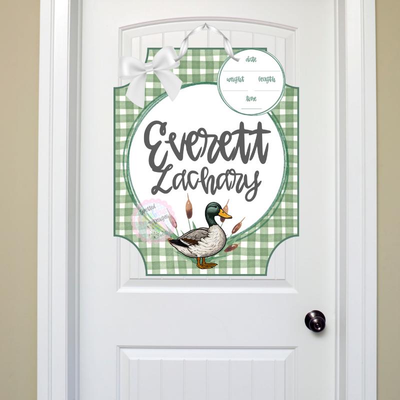 Mallard Duck Gingham New Baby Boy Personalized Welcome Baby Shower Gift Hospital Door Hanger