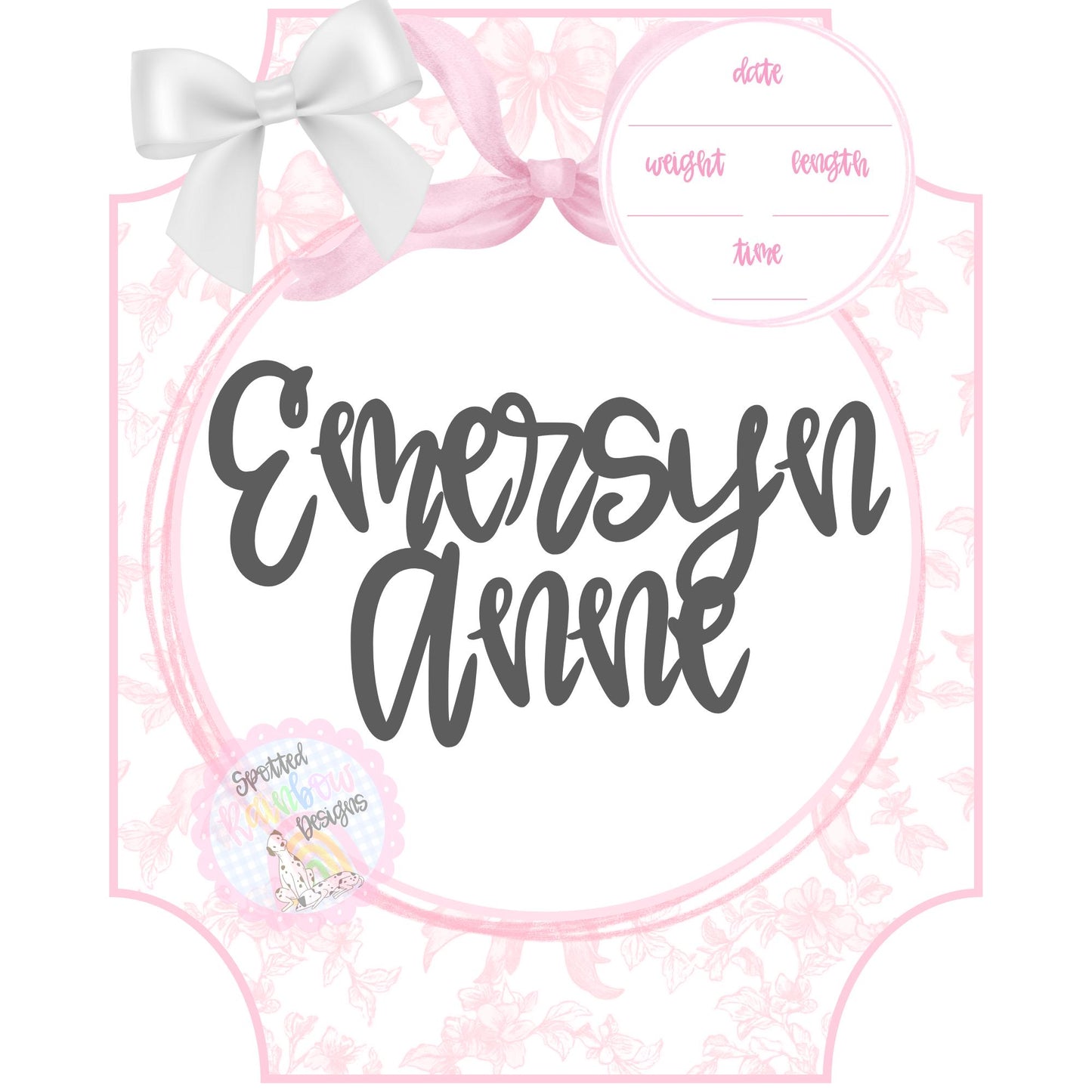 Emersyn Pink Toile Coquette New Baby Girl Personalized Welcome Baby Shower Gift Hospital Nursery Door Hanger