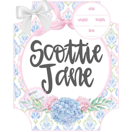 Scottie Grandmillennial Preppy Pink and Blue Hydrangea New Baby Girl Personalized Welcome Baby Shower Gift Hospital Nursery Door Hanger