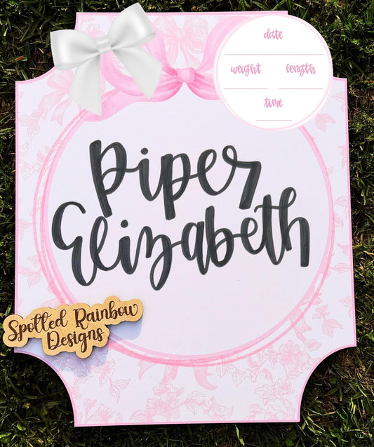 Emersyn Pink Toile Coquette New Baby Girl Personalized Welcome Baby Shower Gift Hospital Nursery Door Hanger