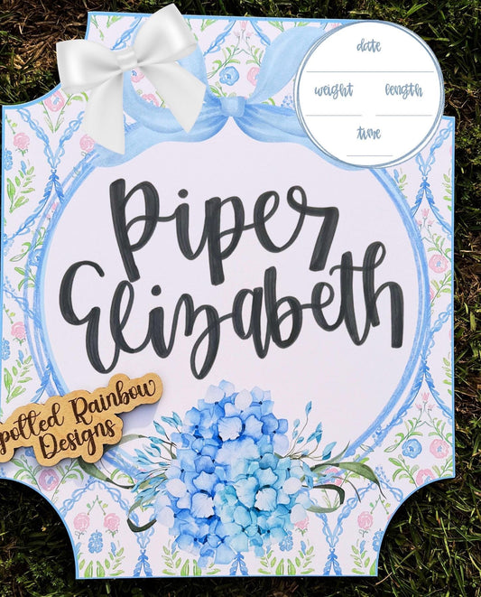 Piper Hydrangea Floral Coquette Grandmillennial Pink and Blue Preppy New Baby Girl Personalized Shower Gift Hospital Nursery Door Hanger