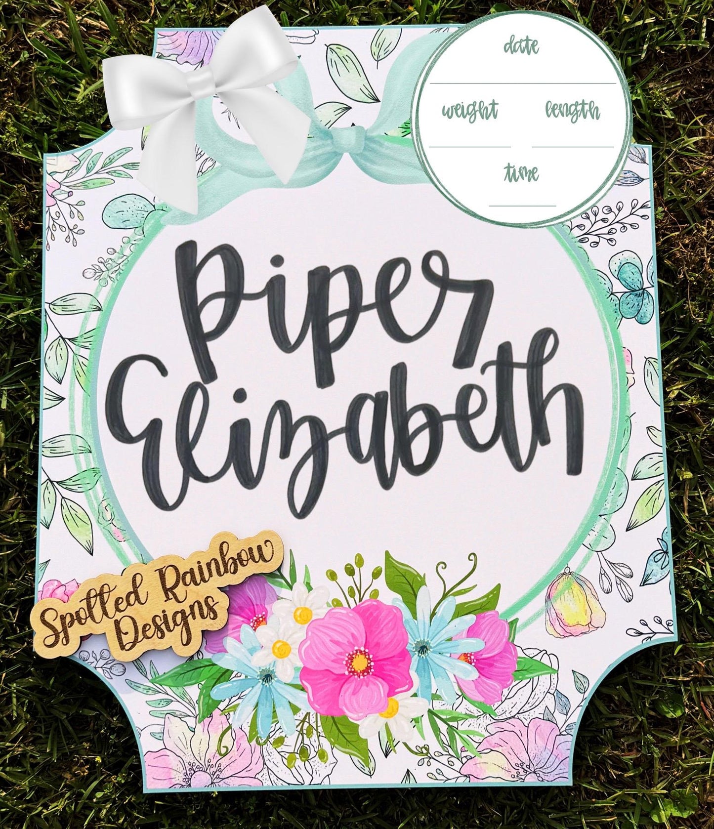 Caroline Green and Pink Floral New Baby Girl Coquette Personalized Welcome Baby Shower Gift Hospital Nursery Door Hanger