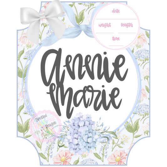 Annie Floral Hydrangea Coquette Pink Blue Green Preppy New Baby Girl Personalized Welcome Baby Shower Gift Hospital Nursery Door Hanger