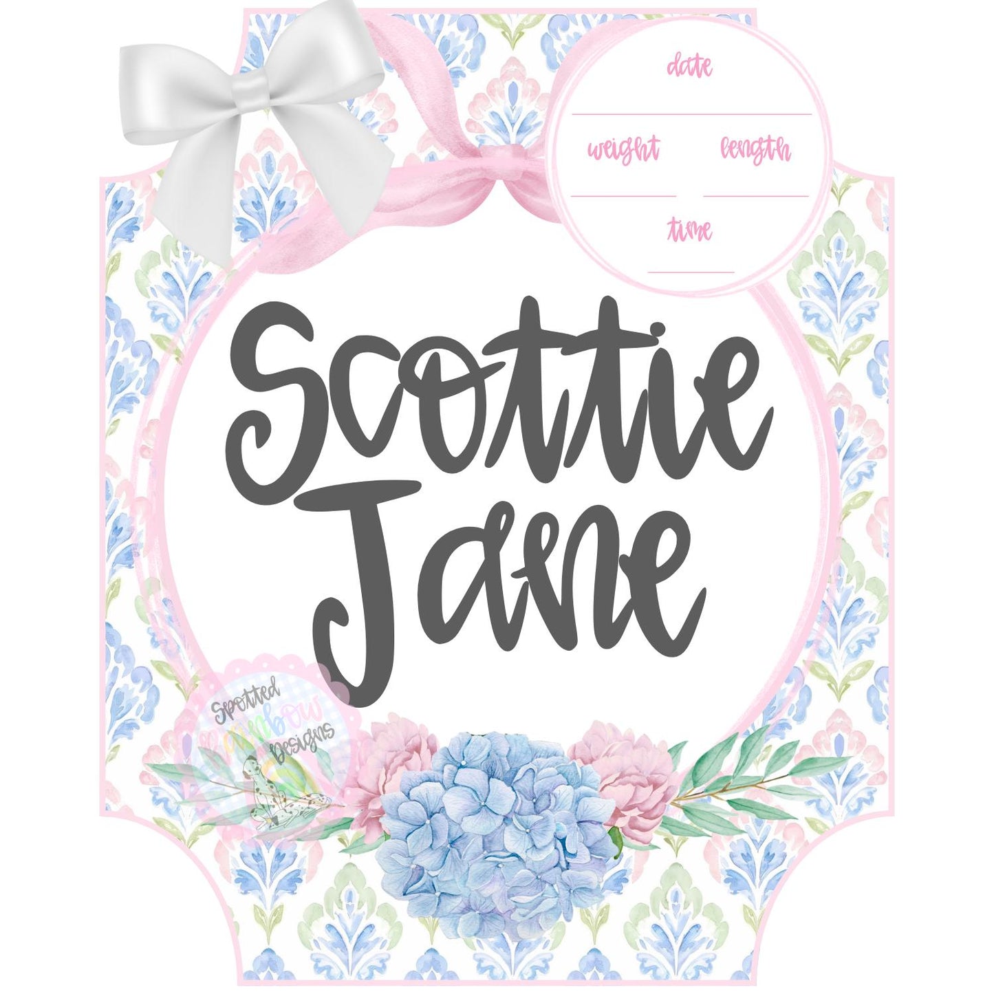 Scottie Grandmillennial Preppy Pink and Blue Hydrangea New Baby Girl Personalized Welcome Baby Shower Gift Hospital Nursery Door Hanger
